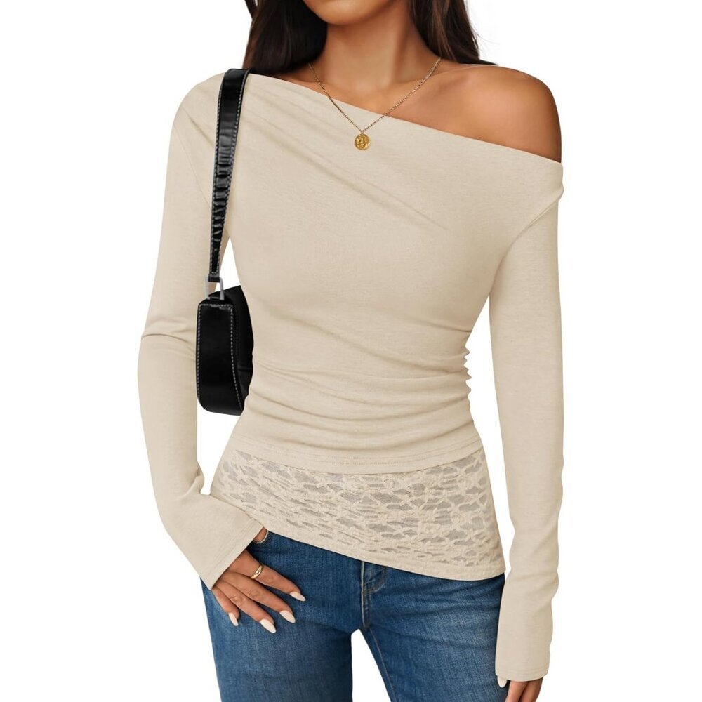 Women's Off Shoulder Apricot Long Sleeve Top Casual Lace Slim Fit Fall YK Blouse - Picture 1 of 5